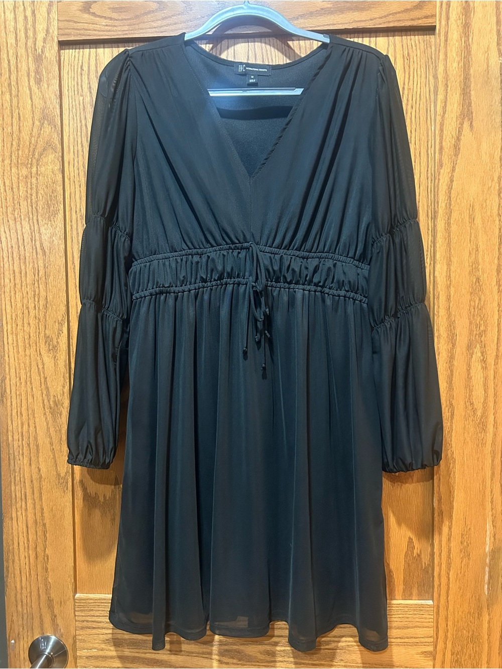 INC International Concepts Black V-Neck Long Sleeve Drawstring Waist Tunic Dress